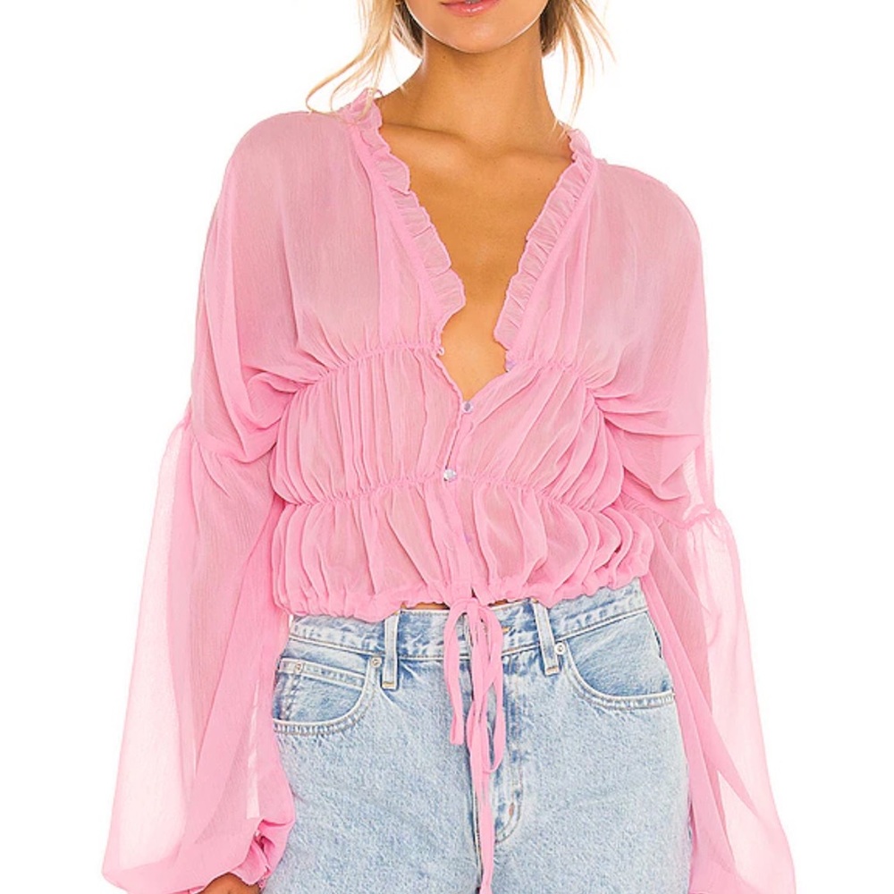 Pink Ruched Tie Front Blouse with Bishop Sleeves
